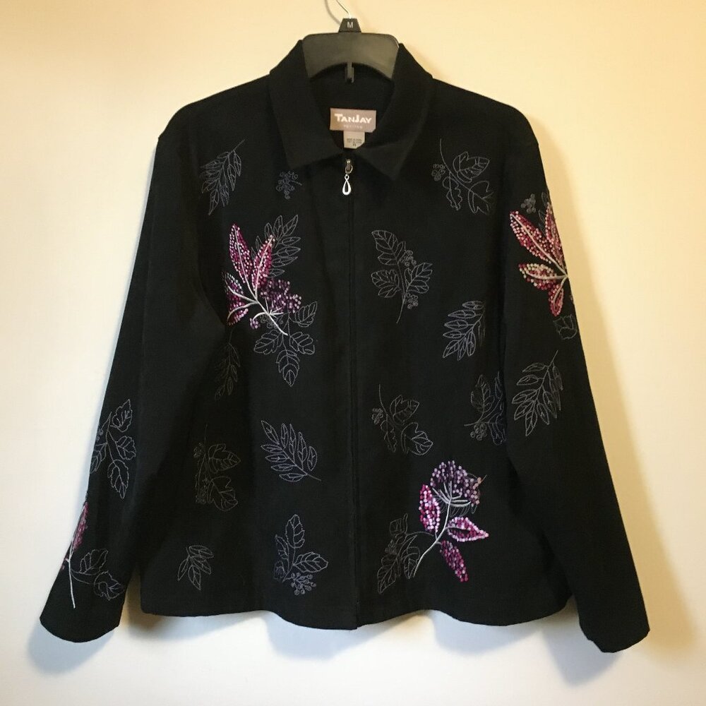 Vintage TanJay Faux Suede Embroidered Floral Jacket Women’s 14 Black Pink Sage